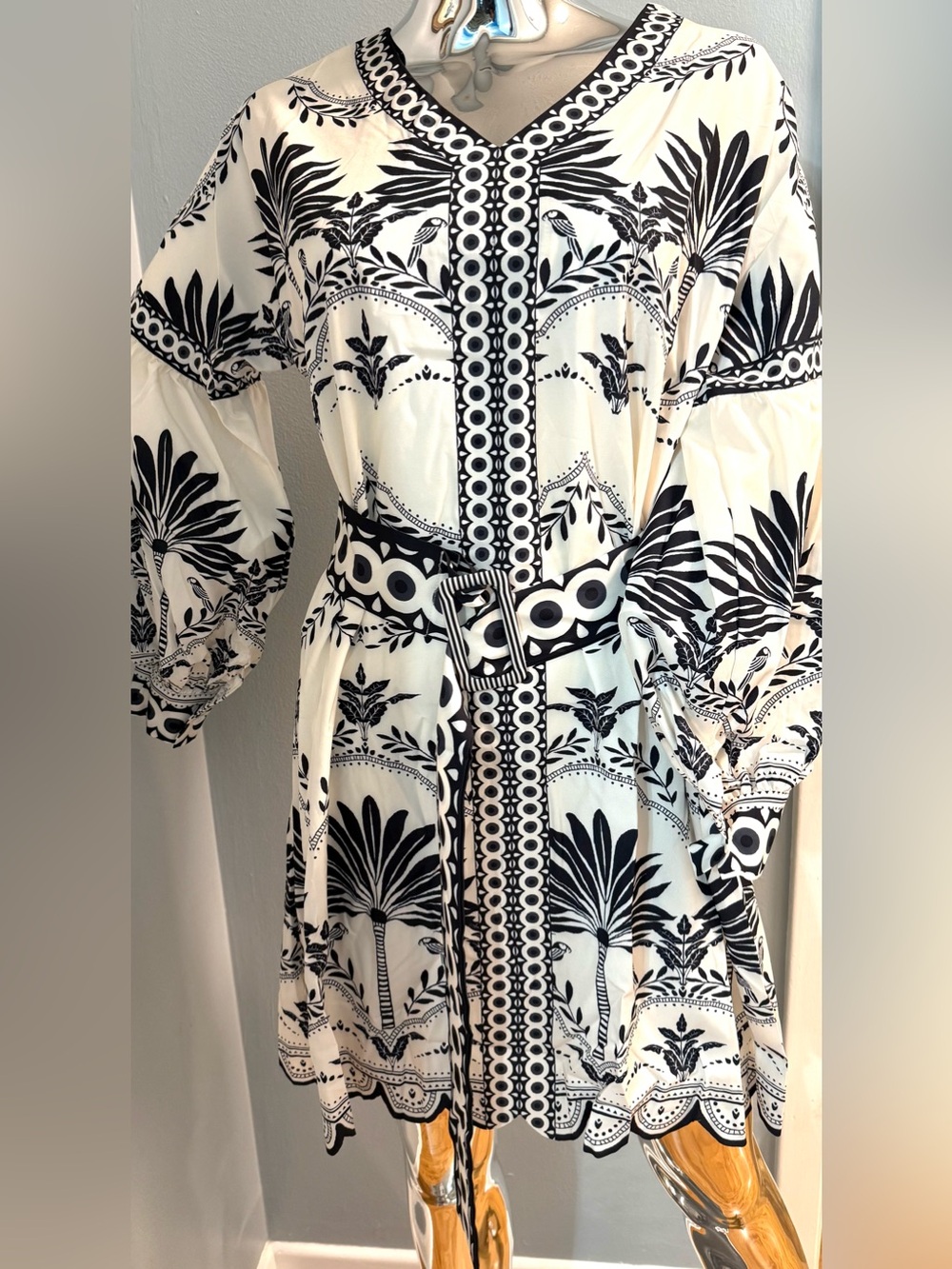 Farm Rio Inspired Black & White Printed Long Sleeve Belted Dress L
